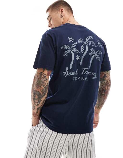 Hollister - Blå T-shirt med håndlavet 'Saint Tropez'-grafik foran og bagpå i afslappet pasform