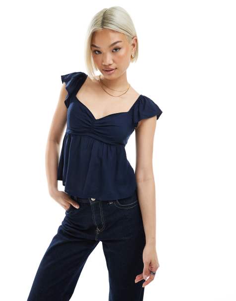 Hollister – Blåblommig babydoll-topp med volangärmar - view 1