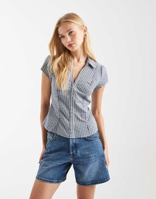 Hollister - Blouse met korte mouwen en ginghamruit in marineblauw