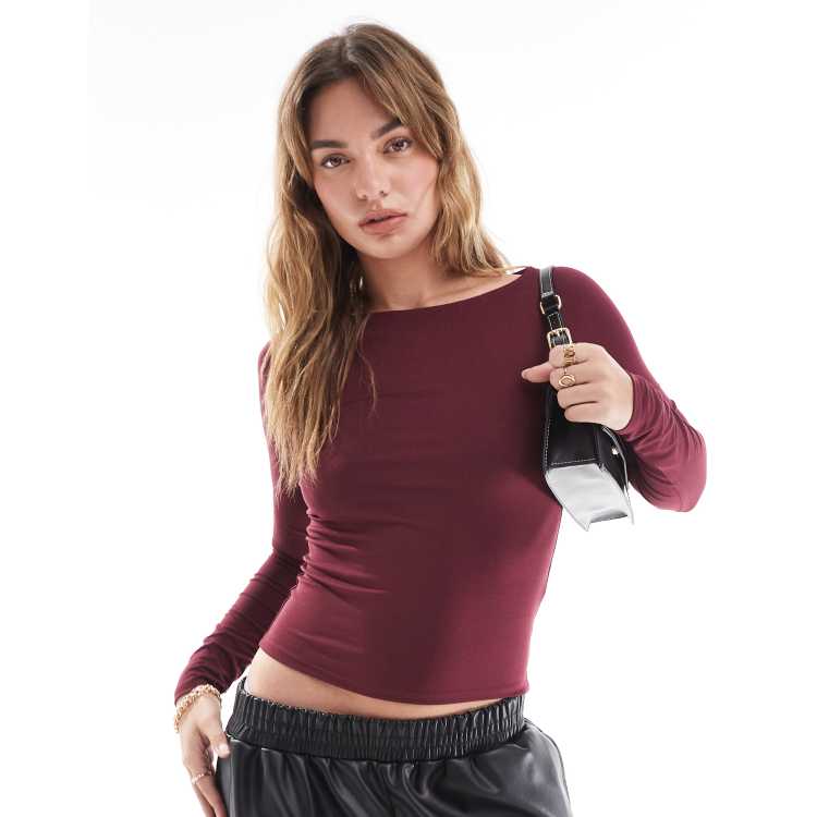 Hollister boat neck long sleeve fitted top in burgundy ASOS