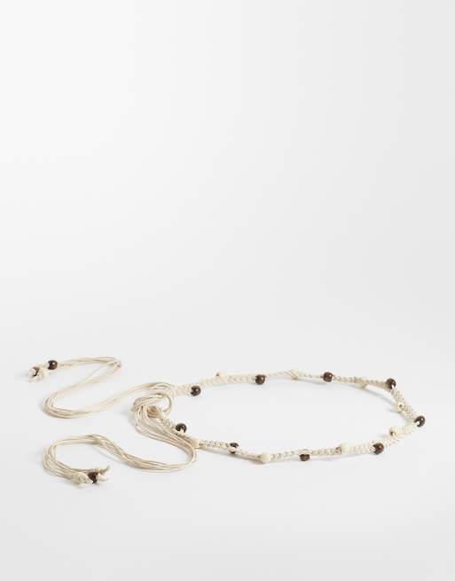 Hollister – Boho-Bindegürtel in Sandbeige mit Perlenbesatz