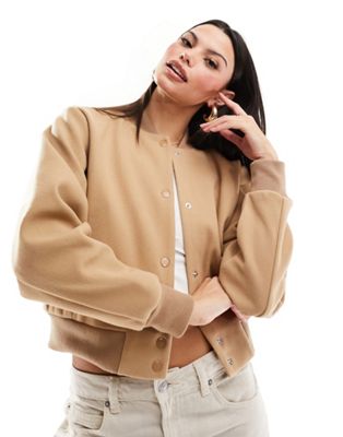 Hollister cropped wool bomber jacket in camel - ASOS Price Checker