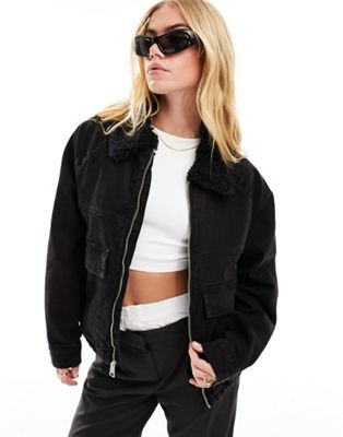Hollister denim bomber jacket with faux fur collar in black - ASOS Price Checker