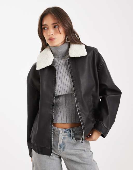 Hollister - Bomber en similicuir avec col amovible en shearling - Noir délavé