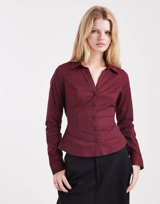 Hollister - Bordeaux skjorte med indsyet talje og lange ærmer i Y2K-stil