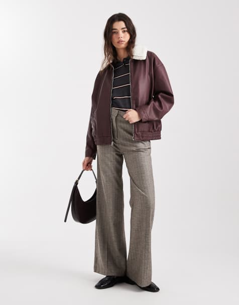 Hollister removable collar vegan leather bomber jacket in burgundy