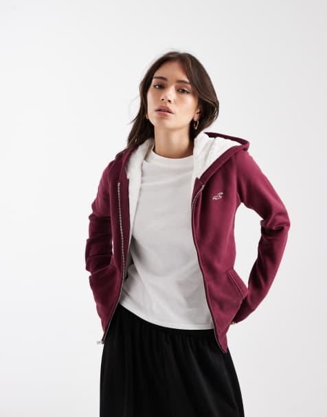 Hollister – Bordowa zapinana na zamek bluza z kapturem i podszewką ze sztucznego futra - view 1