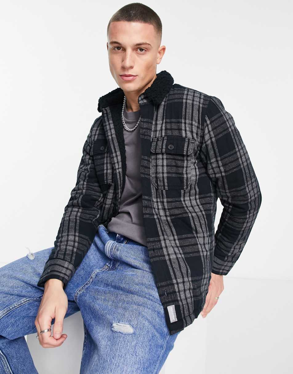 Hollister borg sherpa lined check overshirt in black