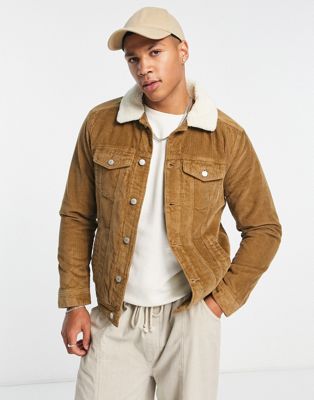 Hollister borg sherpa lined faux suede trucker jacket in brown | ASOS