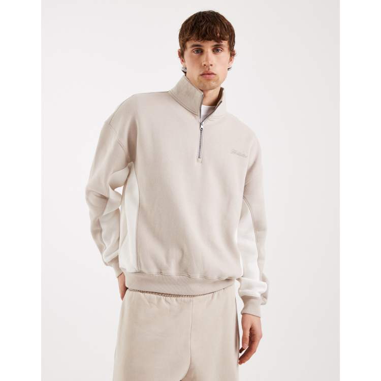 Hollister boxy 1/4 zip sweatshirt in beige color block | ASOS