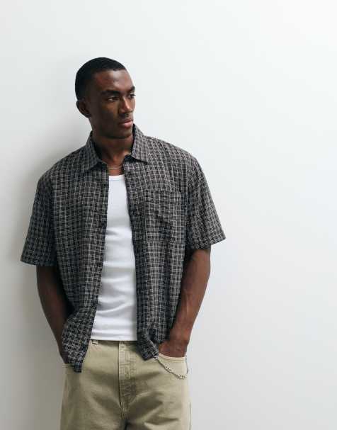 Hollister boxy cropped short sleeve shirt in black brown check - view 1