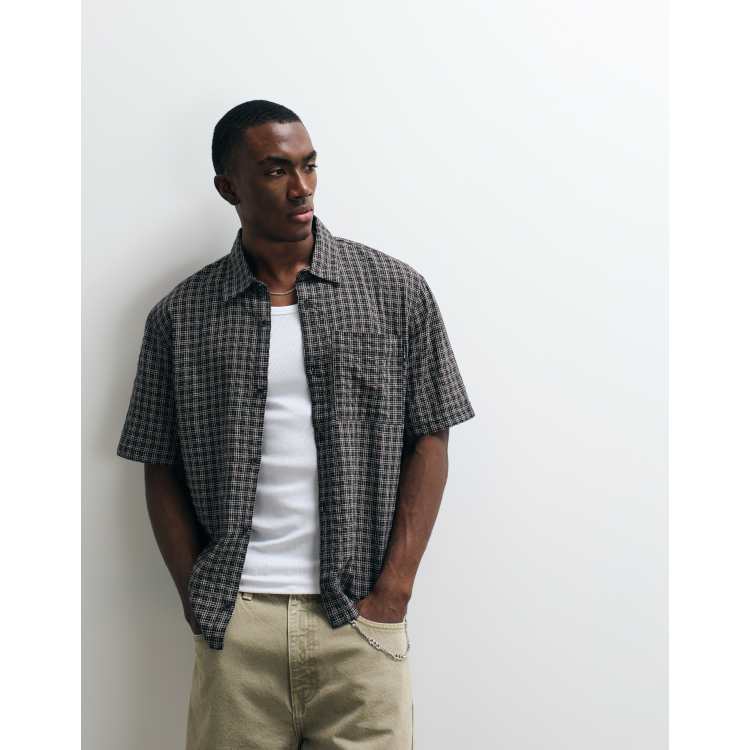 トップス 50s60s USA vintage check wool box shirt Hollister boxy cropped short sleeve shirt in black brown check | ASOS