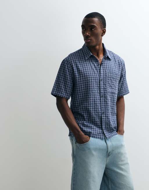 Hollister boxy cropped short sleeve shirt in blue plaid, 3 of 5