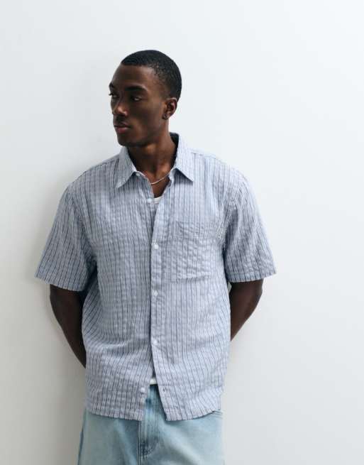 Hollister boxy cropped short sleeve shirt in taupe stripe, 4 of 5