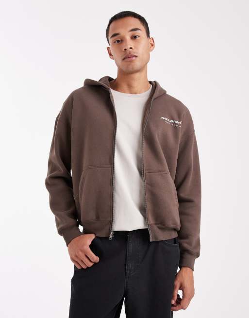 Hollister boxy f1 graphic zip through hoodie in brown | ASOS