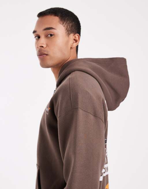Hollister boxy f1 graphic zip through hoodie in brown | ASOS