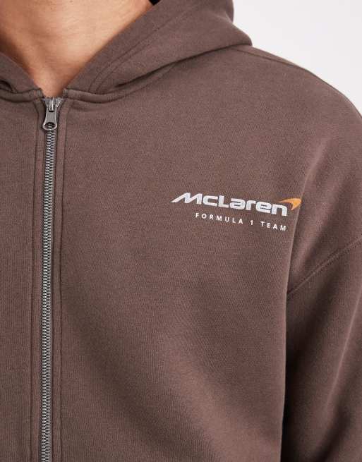 Hollister boxy f1 graphic zip up hoodie in brown | ASOS