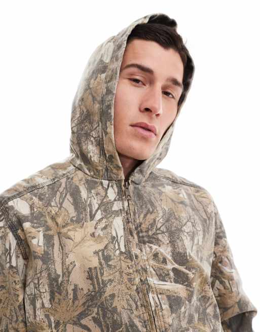 Hollister boxy fit camo print hooded denim jacket in multi