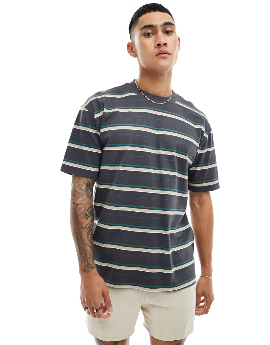 Hollister boxy fit heavy weight striped t-shirt in grey-Black