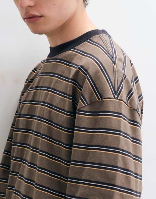 Hollister boxy fit heavyweight long sleeve t-shirt in brown stripe, 4 of 5