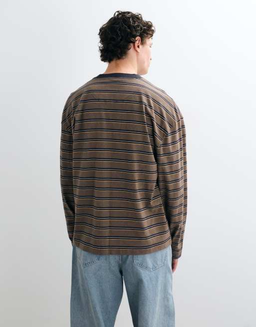 Hollister boxy fit heavyweight long sleeve t-shirt in brown stripe, 5 of 5