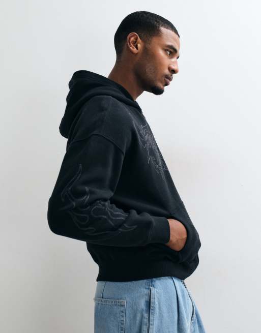 Hollister Boxy-Fit-Kapuzenpullover mit Ärmeldetail in Schwarz, 5 von 5