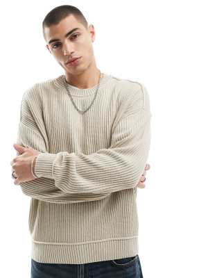 Hollister Hollister boxy fit washed chunky rib knit jumper in tan-Brown
