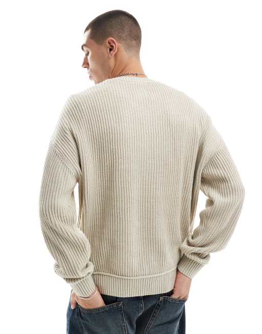 Hollister boxy fit washed chunky rib knit jumper in tan, 4 of 4
