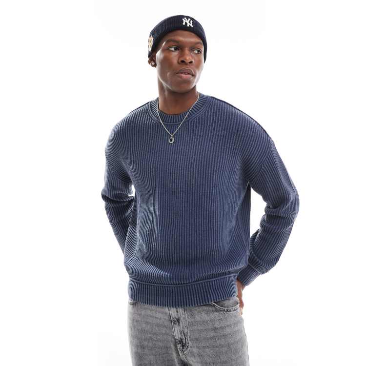 Hollister boxy fit washed chunky rib knit sweater in navy | ASOS