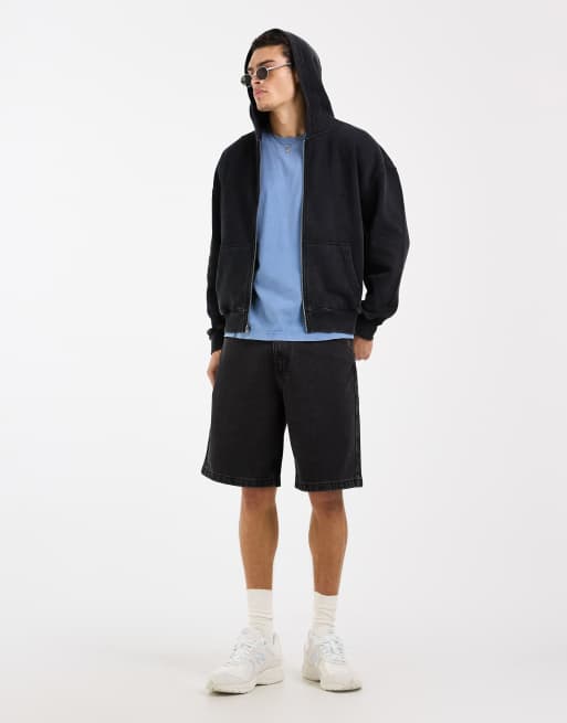 Hollister boxy front pocket zip up hoodie in washed black, 2 of 5