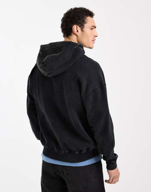 Hollister boxy front pocket zip up hoodie in washed black, 3 of 5