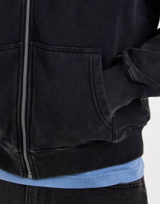Hollister boxy front pocket zip up hoodie in washed black, 5 of 5