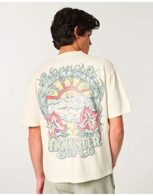 Hollister Boxy heavyweight logo graphic tee in cream, 1 of 4