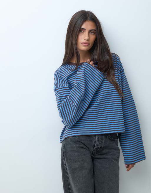 Hollister boxy langærmet T-shirt med blå og brun stribe, 3 af 4