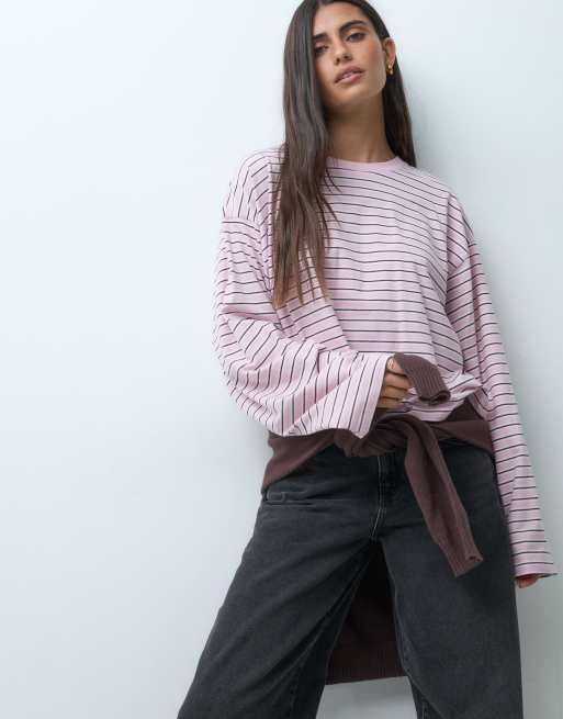 Hollister boxy langærmet T-shirt med lyserøde striber, 1 af 4