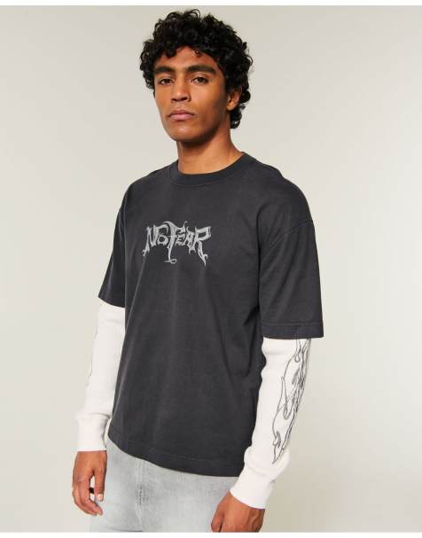 Hollister Boxy layered 2-in-1 no fear graphic tee in charcoal - view 1