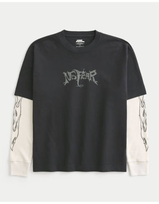 Hollister Boxy layered 2-in-1 no fear graphic tee in charcoal, 3 of 4