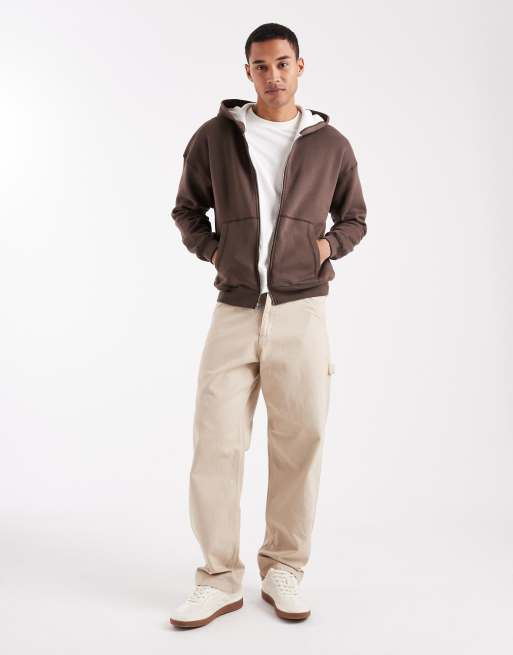 Hollister boxy lined zip through hoodie in brown, 2 of 5