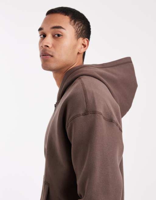 Hollister boxy lined zip through hoodie in brown, 4 of 5