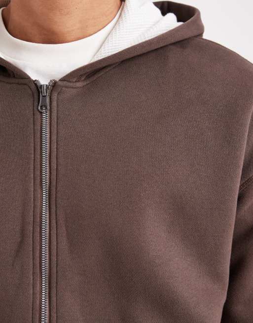 Hollister boxy lined zip through hoodie in brown, 5 of 5