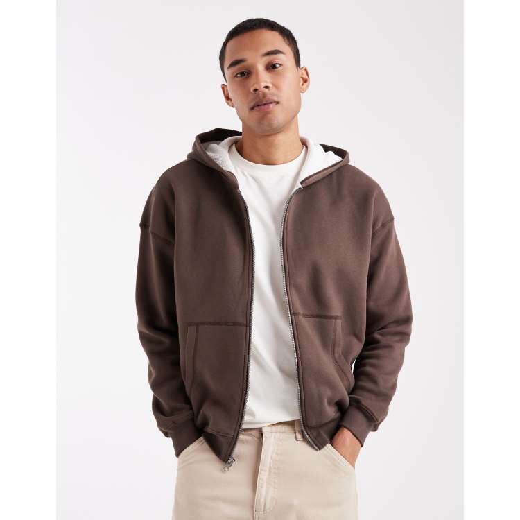Hollister boxy lined zip up hoodie in brown | ASOS