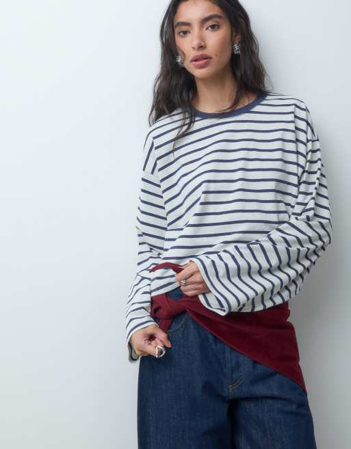 Hollister boxy long sleeve t-shirt in navy and white stripe, 1 of 4