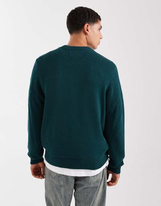 Hollister boxy open hem motif jumper in green, 3 of 5
