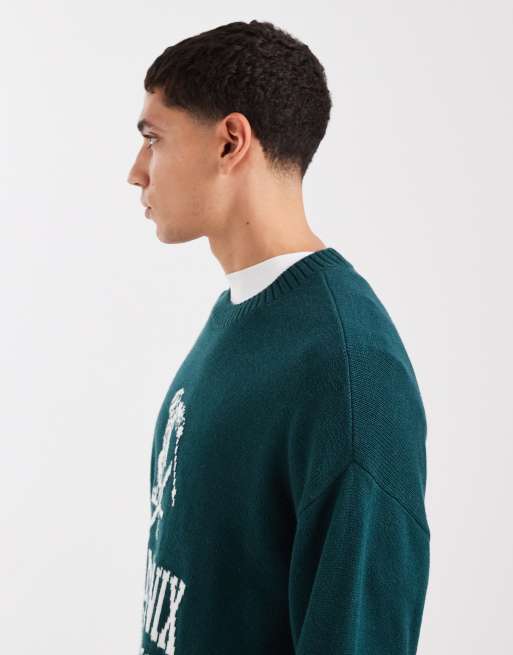 Hollister boxy open hem motif jumper in green, 4 of 5