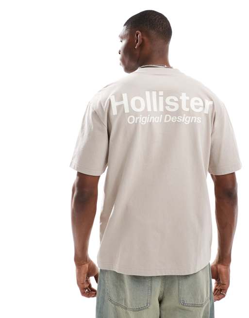 Hollister boxy oversized tech logo back detail t-shirt in beige