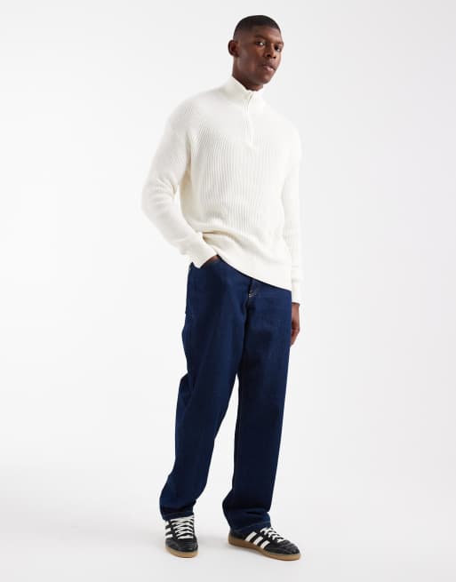 Hollister boxy ribbed quarter zip jumper in cream, 2 of 5