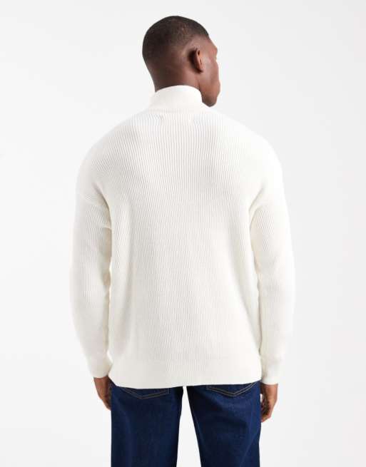 Hollister boxy ribbed quarter zip jumper in cream, 3 of 5