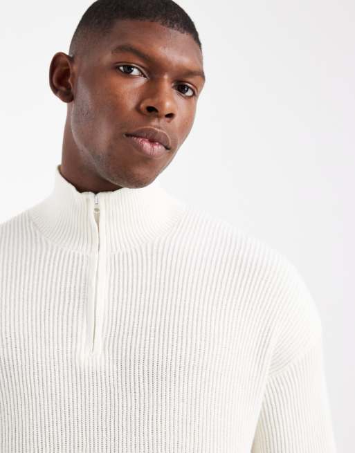 Hollister boxy ribbed quarter zip jumper in cream, 4 of 5
