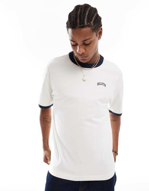 Hollister - Boxy ringer T-shirt met varsity logo van zwaargewicht stof in crème/marineblauw