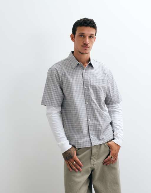 Hollister boxy shirt with long sleeve layer in grey check